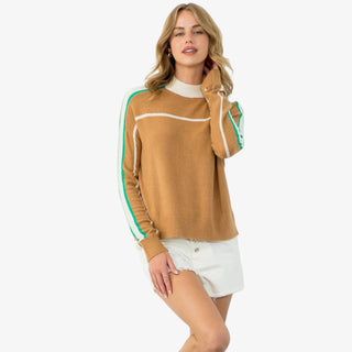 Camel sweater with green and white stripe sleeves and mock neckline