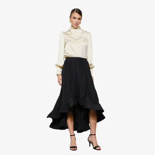 Champagne satin mock neck blouse with puff sleeves and draped neckline