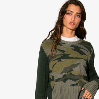 Camo Contrast Knit Sweater with ribbed trim and long contrast sleeves
