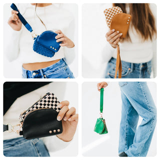 Wonderlust Dual Pouch Wristlet with gold zippers and wide strap