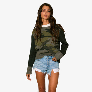 Camo Contrast Knit Sweater with ribbed trim and long contrast sleeves