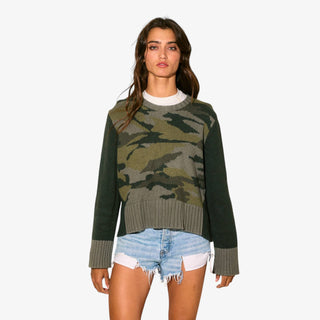 Camo Contrast Knit Sweater with ribbed trim and long contrast sleeves