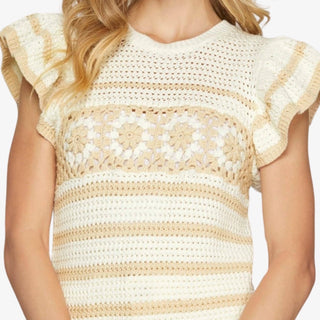 Beige and white striped crochet top with ruffled sleeves on a plain background