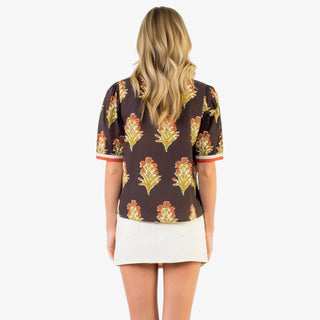 Brown floral blouse with short sleeves and split neckline