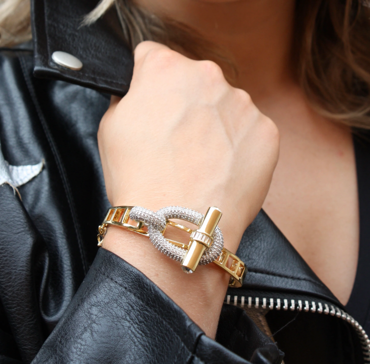 Gold Bangle featuring Hematite CZ's, and a glamorous vibe.
