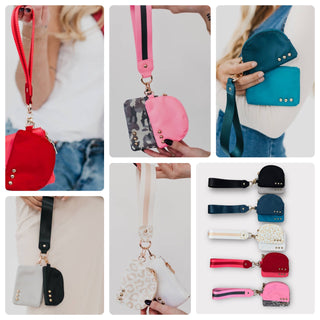 A collection of vibrant colored wristlet pouches with gold stud details, available in multiple colors.