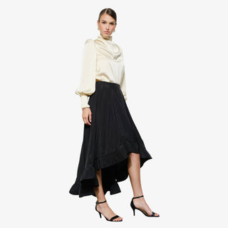 Champagne satin mock neck blouse with puff sleeves and draped neckline