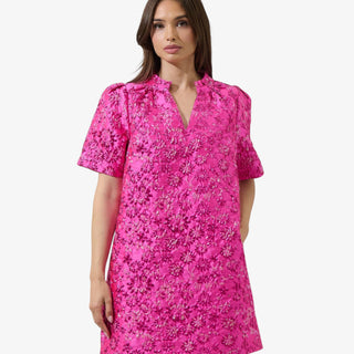 Fuchsia jacquard mini dress with puff sleeves, floral texture, and metallic shimmer for a bold, feminine statement look.