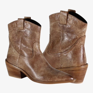 Brown distressed leather ankle cowboy boots with pointed toes, low stacked heels, and pull tabs, style Rave Lion by Diba True.