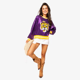 LSU Full Sequin Mike Sweater in purple with gold stripes and Mike the Tiger graphic