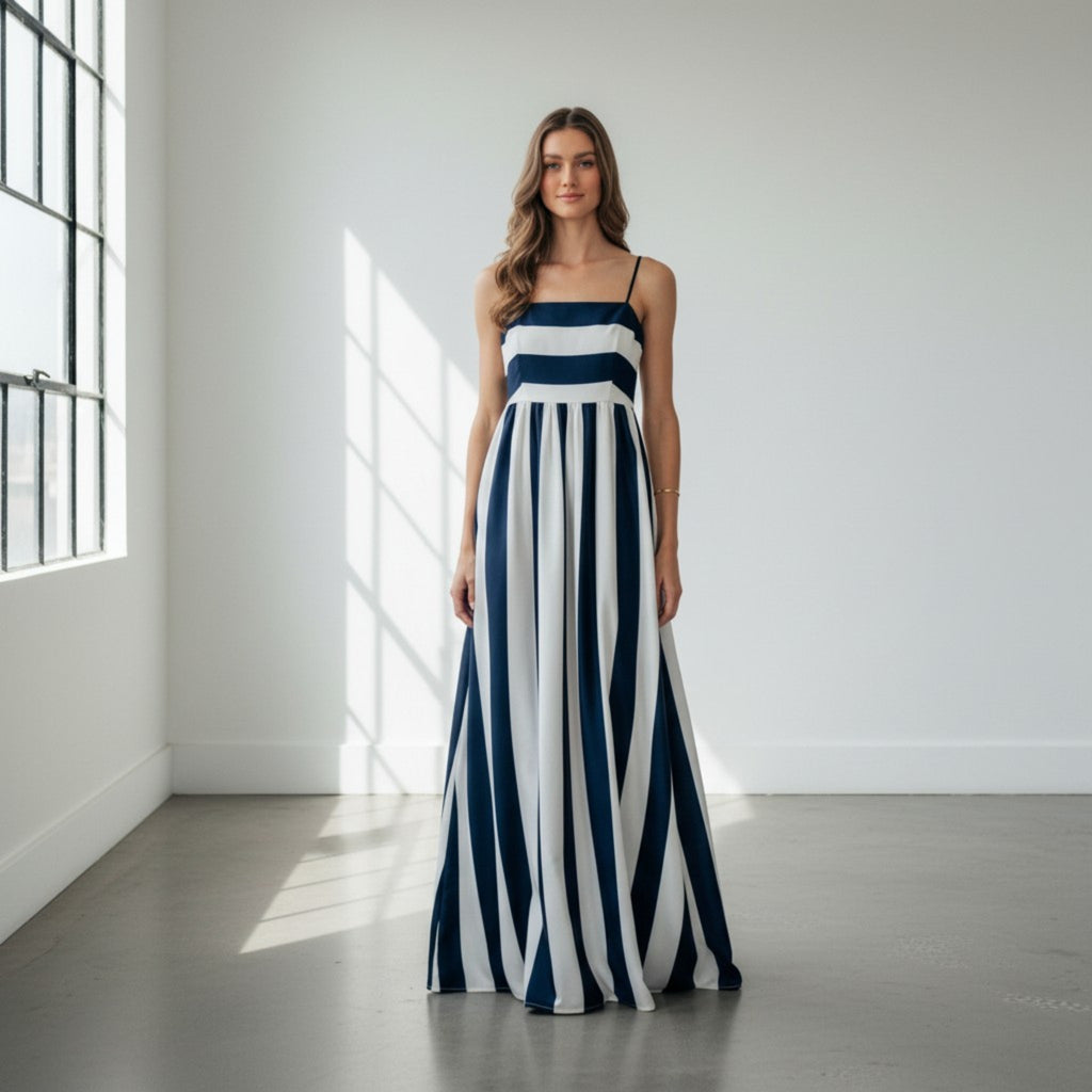 maxi dress navy stripe Striped A drop waist flows Style:03115 Radiant Sunshine: Yellow Lace Home Coming