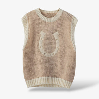 Sleeveless mocha horseshoe sweater vest with ribbed contrasting trim on a white background