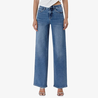 Tummy Control Wide Leg Jean with pockets, zip fly and button closure in denim blue.
