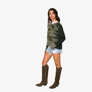 Camo Contrast Knit Sweater with ribbed trim and long contrast sleeves