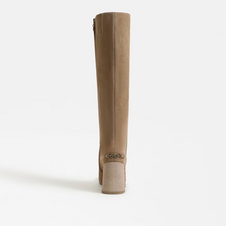 Tan knee-high boot on a white background