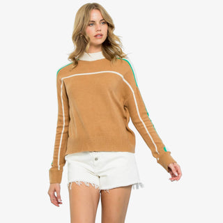 Camel sweater with green and white stripe sleeves and mock neckline