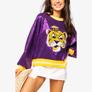 LSU Full Sequin Mike Sweater in purple with gold stripes and Mike the Tiger graphic
