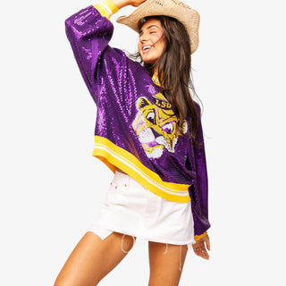LSU Full Sequin Mike Sweater in purple with gold stripes and Mike the Tiger graphic