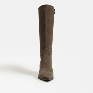 Brown knee-high boot with a pointed toe on a white background