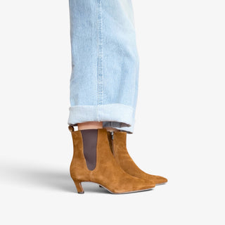 Sam Edelman Peony suede ankle bootie in warm nutmeg with pointed toe and kitten heel, styled with cuffed jeans for women’s boot collection