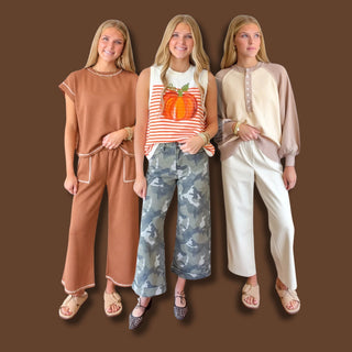 Women's fall clothing and shoes featured in the October Obsession collection at Hoity Toity Boutique
