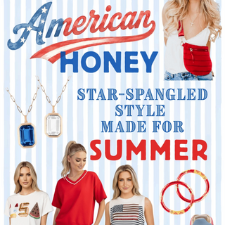 Patriotic women's clothing and accessories collection featuring red white and blue summer outfits, jewelry, sneakers, and bags