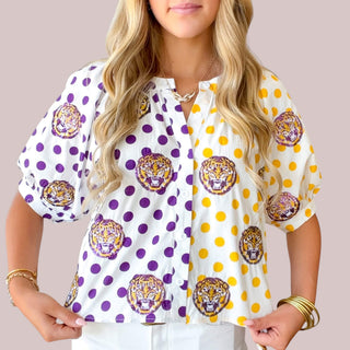 LSU game day outfits featuring a Queen of Sparkles tiger polka dot button up top in purple and gold, front view for Game Day Glam collection