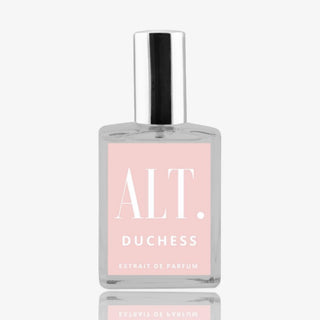 Duchess Extrait de Parfum fragrance bottle with pink label and silver cap on neutral background.
