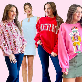 Holiday womens outfits with nutcracker prints, sequin dress, red merry sweatshirt, and pink nutcracker sweatshirt featured for Black Friday Holiday capsule.