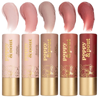 Several different shades of Poppy & Pout lip tints on a white background