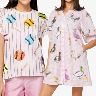 Queen of Sparkles sequin baseball tee with colorful baseballs and bats paired with pink pants and sequin duck print shirt dress.