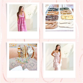 Seen on Instagram boutique fashion collage featuring pink dresses, TKEES sandals, and stacked gold bracelets