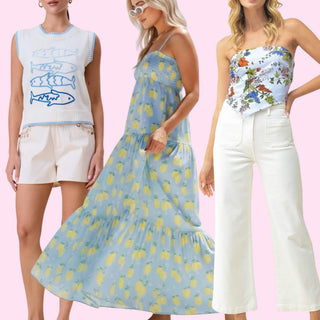 Southern spring outfits featuring fish knit tank and shorts set, blue lemon print tiered maxi dress, and floral strapless top with white wide leg pants.