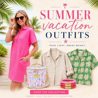 Summer vacation outfits collection graphic featuring a hot pink zipper dress on a tropical beach with a linen button-up shirt, green floral vacation top, Lilly Pulitzer cooler bag, and pink BudhaGirl bangles on a square promotional banner.