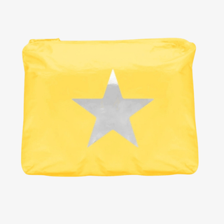 Yellow square throw pillow featuring a large silver star centered on the front against a solid background.