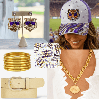 LSU game day accessories collage featuring tiger earrings, sequin cap, gold bangles, purple and gold buttons, belt and tiger pendant necklace