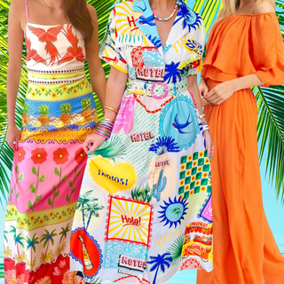 Three women in colorful tropical dresses standing in front of palm leaves, showcasing vacation-ready outfits in bright prints and bold colors.