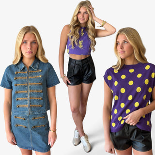 LSU game day outfit collage featuring denim matching set, purple tiger print crop top, black shorts, and purple and gold polka dot knit top.