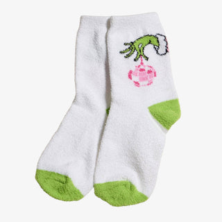 Holiday Green Monster Sock Set with pink and green fuzzy socks featuring festive Christmas designs