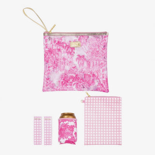 Pink Palm Beach Day Pouch set by Lilly Pulitzer  with zip pouch, drink hugger, and towel clips flat lay view