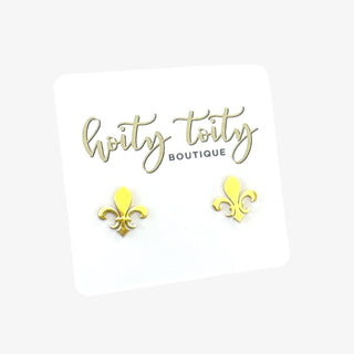 Gold mini fluer de lis stud earrings on a Hoity Toity Boutique card on a white background
