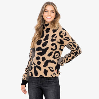 Leopard colorblock mock neck sweater with tan animal print front and grey contrast sleeves