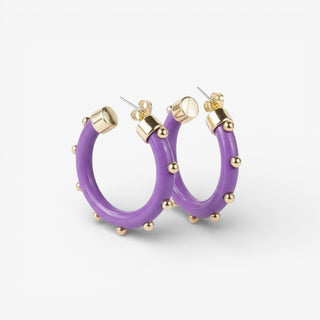 Purple small hoo hoops with gold design all over with post backs on a grey background 