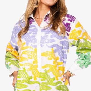 Vibrant alligator-print romper with Queen of Sparkles’ signature bold detailing made for game day fun and standout style.