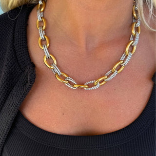 Margo mixed metal chain necklace with gold and silver stainless steel oval links worn on model