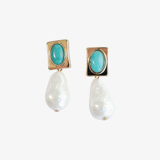 Turquoise and pearl drop earrings with gold accents and oversized pearl design front product view