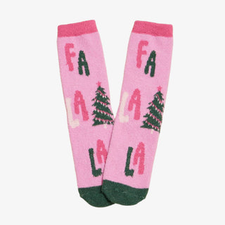 Pink knee-high socks with Christmas tree and 'FA LA LA' text on a white background