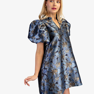 Metallic floral puff sleeve mini dress with ruffle neckline in gold and blue