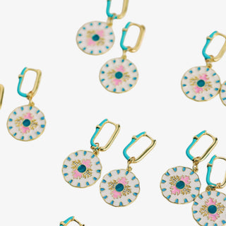 Capri tile charm earrings with turquoise enamel hoops and colorful coastal tile charms front product view