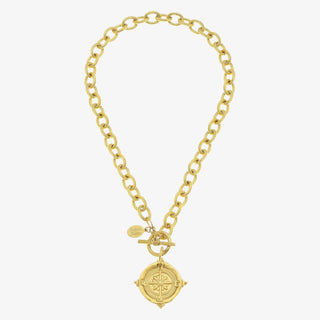 Handcast gold compass pendant necklace with toggle clasp and bold chain